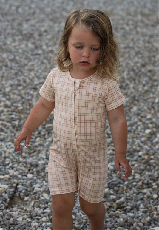 Rosewood Grid Short Zip Romper